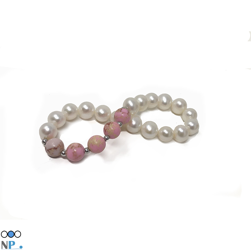 Bracelet sur elastique perles de culture blanches AA+ 8 a 9 mm et Pierre semi precieuse de jaspe imperial rose sediment de mer